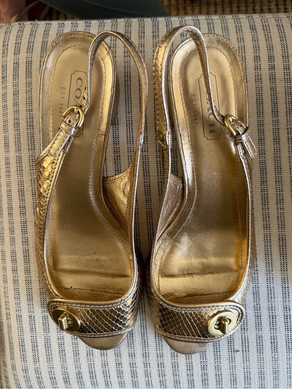 Coach Metallic Gold Peep-Toe Slingback Heels with Turn-Lock Accent